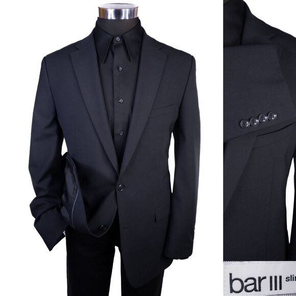 BAR III Men's Blazer Black Sz 42L Sport Coat Slim-Fit Solid Two Button Wool Blnd - Picture 1 of 13